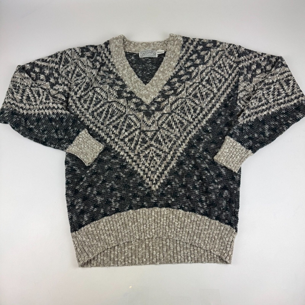 Vintage Method Mens Size XL Sweater Large Gray Geometric Long Sleeve Knit V Neck